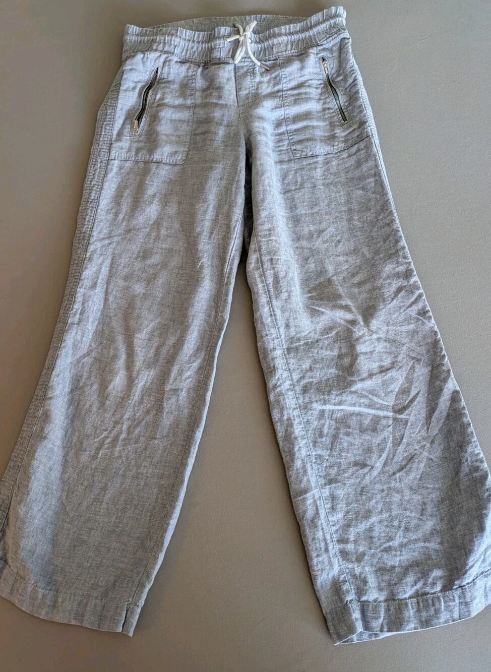 Athleta Cabo Linen Wide Leg Pants Drawstring Size 8 Light Blue Beach Coastal